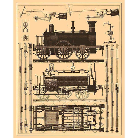 Locomotive Blueprint Gold Ornate Wood Framed Art Print with Double Matting by Vintage Apple Collection