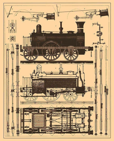 Locomotive Blueprint Black Ornate Wood Framed Art Print with Double Matting by Vintage Apple Collection