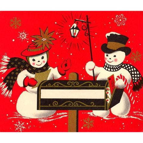 Vintage Christmas Snowmen Gold Ornate Wood Framed Art Print with Double Matting by Vintage Apple Collection