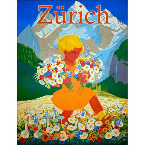 Zurich Travel Gold Ornate Wood Framed Art Print with Double Matting by Vintage Apple Collection