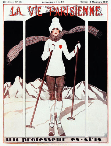 Art Deco Skiing Black Ornate Wood Framed Art Print with Double Matting by Vintage Apple Collection