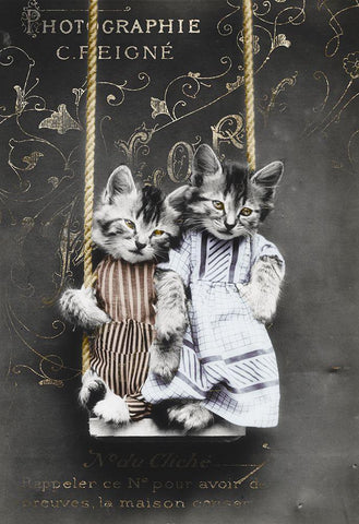 Swinging Kitties Black Ornate Wood Framed Art Print with Double Matting by Vintage Apple Collection