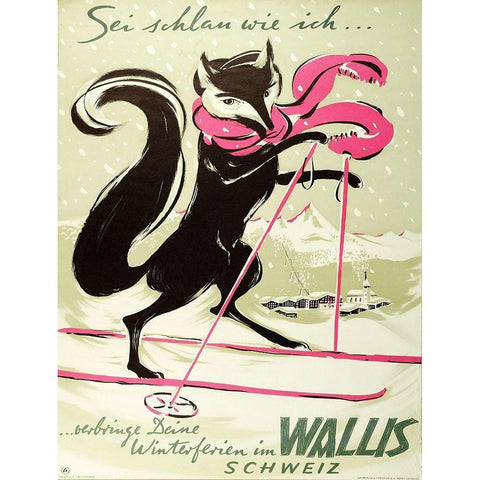 swiss_ski_poster_fox Black Modern Wood Framed Art Print with Double Matting by Vintage Apple Collection