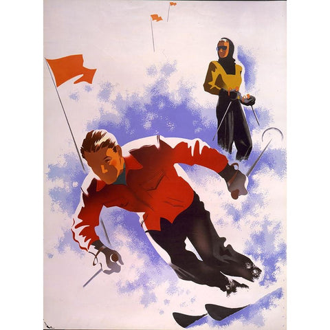 Downhill Skiing Black Modern Wood Framed Art Print by Vintage Apple Collection