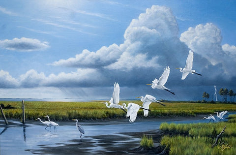 Summer Storm Egrets White Modern Wood Framed Art Print with Double Matting by Goebel, Wilhelm