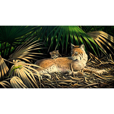 Sunny Spot Bobcat with Kittens Gold Ornate Wood Framed Art Print with Double Matting by Goebel, Wilhelm