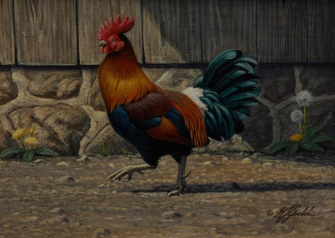 Barnyard Strut - Bantam Rooster Black Ornate Wood Framed Art Print with Double Matting by Goebel, Wilhelm