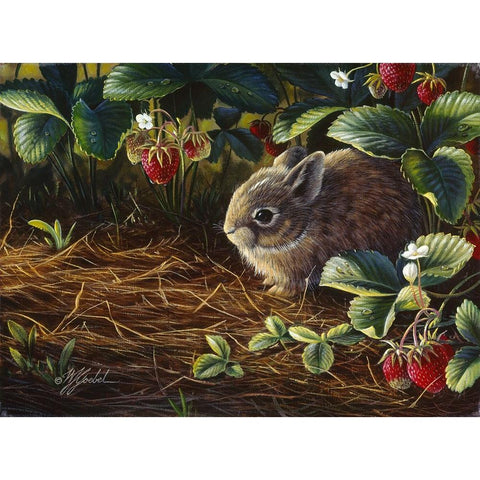 Young Cottontail And Strawberries White Modern Wood Framed Art Print by Goebel, Wilhelm