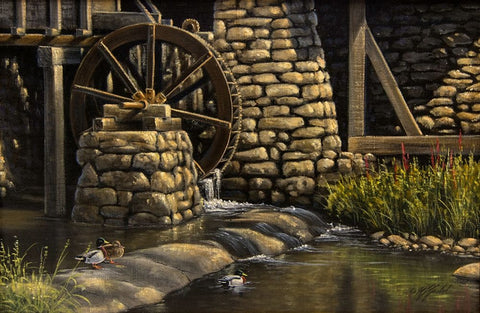 Mill Pond and Mallards Black Ornate Wood Framed Art Print with Double Matting by Goebel, Wilhelm