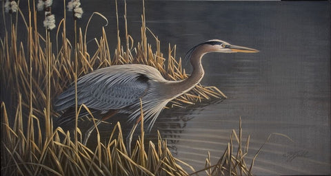 Stalking The Edge - Heron Black Ornate Wood Framed Art Print with Double Matting by Goebel, Wilhelm