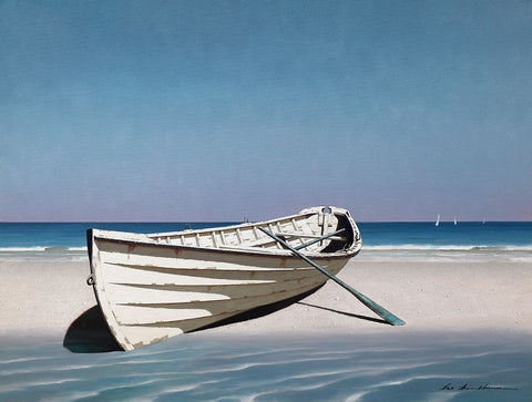 White Boat On Beach White Modern Wood Framed Art Print with Double Matting by Lu, Zhen-Huan