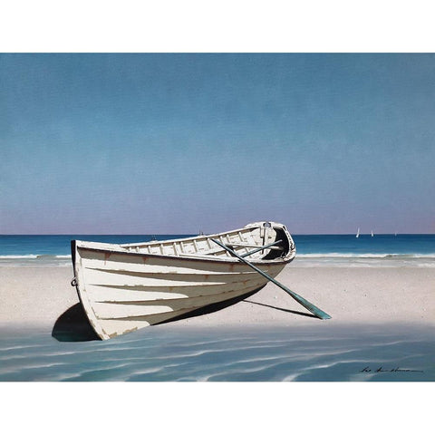 White Boat On Beach Gold Ornate Wood Framed Art Print with Double Matting by Lu, Zhen-Huan