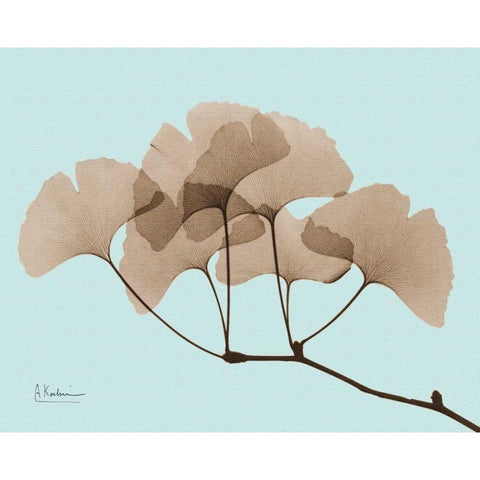 Gingko Leaves Brown on Blue Gold Ornate Wood Framed Art Print with Double Matting by Koetsier, Albert