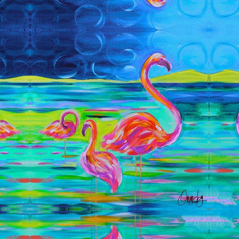 Duo Flamingos White Modern Wood Framed Art Print with Double Matting by Ormsby, Anne