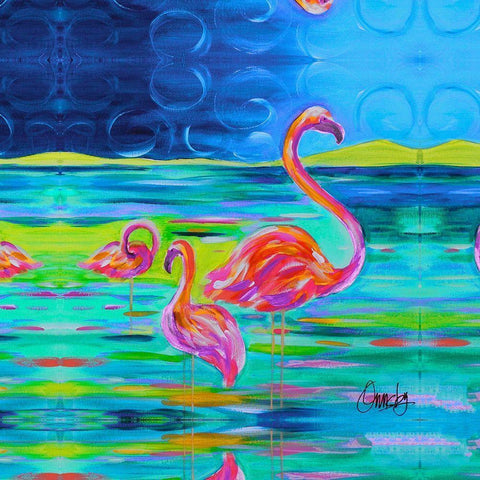 Duo Flamingos Black Modern Wood Framed Art Print by Ormsby, Anne
