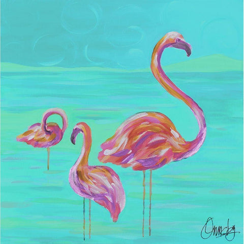 Duo Flamingos Black Modern Wood Framed Art Print with Double Matting by Ormsby, Anne