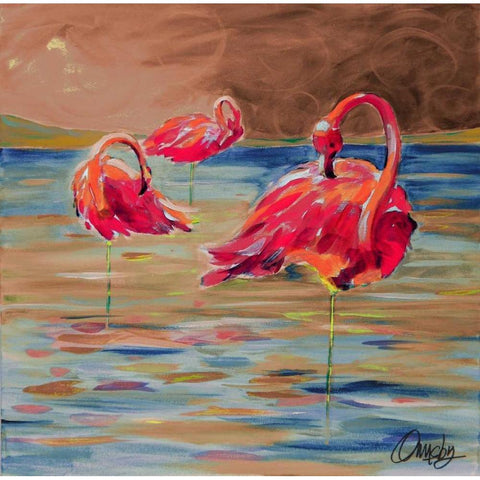 Trio Flamingos White Modern Wood Framed Art Print by Ormsby, Anne