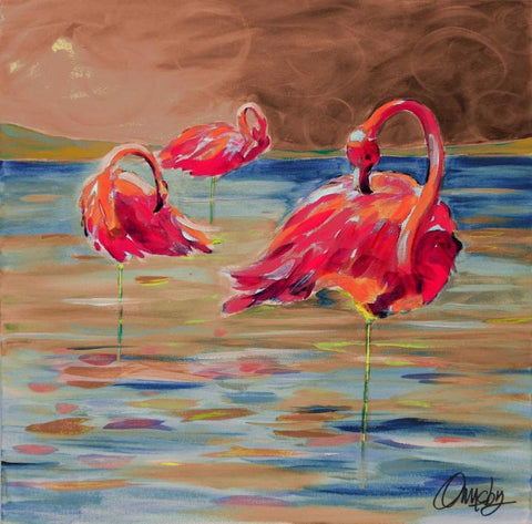 Trio Flamingos White Modern Wood Framed Art Print with Double Matting by Ormsby, Anne