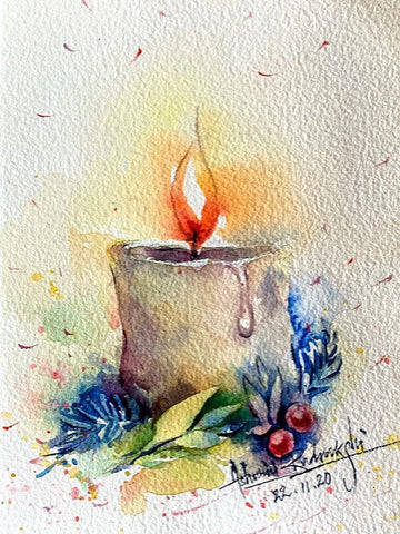 Candle With Cherries White Modern Wood Framed Art Print with Double Matting by Rudraksi, Ashwini