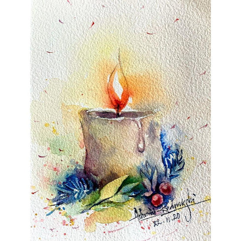 Candle With Cherries Black Modern Wood Framed Art Print with Double Matting by Rudraksi, Ashwini