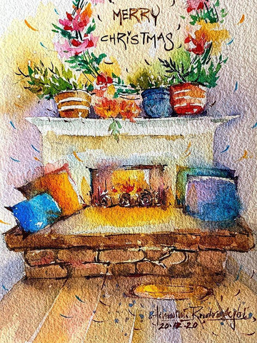 Christmas Fire Place Black Ornate Wood Framed Art Print with Double Matting by Rudraksi, Ashwini