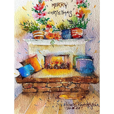 Christmas Fire Place White Modern Wood Framed Art Print by Rudraksi, Ashwini