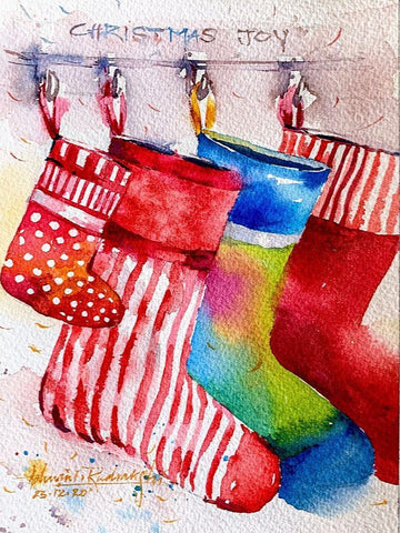 Christmas Socks Black Ornate Wood Framed Art Print with Double Matting by Rudraksi, Ashwini