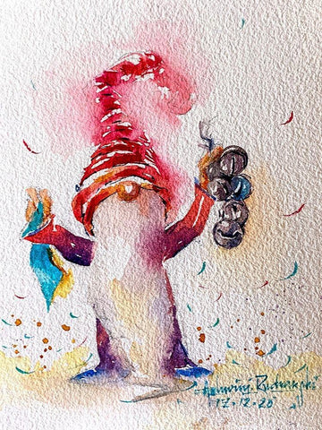 Gnome With Bells White Modern Wood Framed Art Print with Double Matting by Rudraksi, Ashwini
