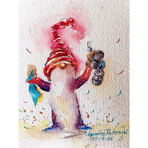 Gnome With Bells Black Modern Wood Framed Art Print with Double Matting by Rudraksi, Ashwini
