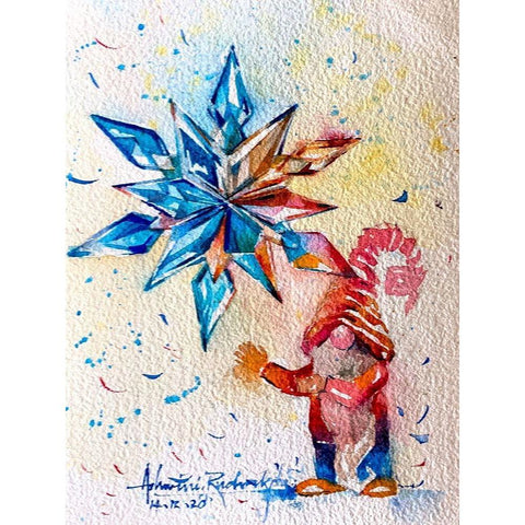 Gnome With Crystal Star Gold Ornate Wood Framed Art Print with Double Matting by Rudraksi, Ashwini