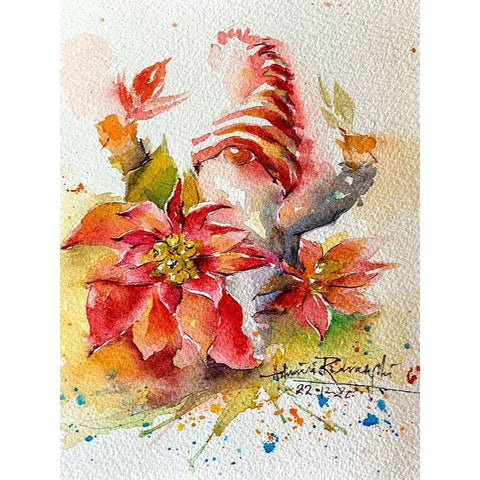 Gnome With Poinsettias Black Modern Wood Framed Art Print with Double Matting by Rudraksi, Ashwini