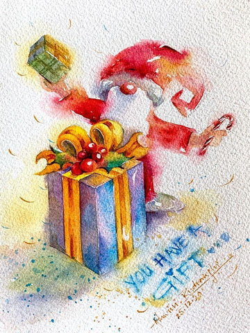 Santa With Gift Black Ornate Wood Framed Art Print with Double Matting by Rudraksi, Ashwini
