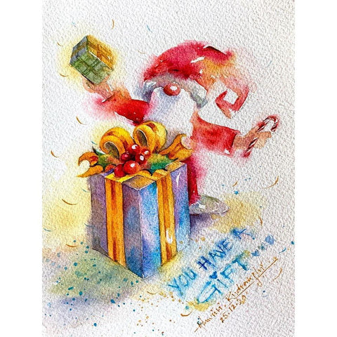 Santa With Gift Black Modern Wood Framed Art Print with Double Matting by Rudraksi, Ashwini