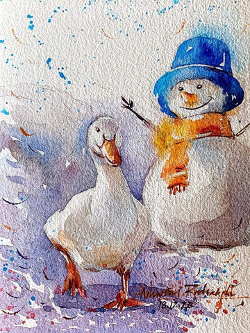 Goose And Snowman White Modern Wood Framed Art Print with Double Matting by Rudraksi, Ashwini
