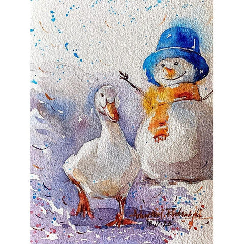 Goose And Snowman Gold Ornate Wood Framed Art Print with Double Matting by Rudraksi, Ashwini