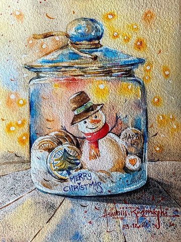 Snowman In Jar Black Ornate Wood Framed Art Print with Double Matting by Rudraksi, Ashwini