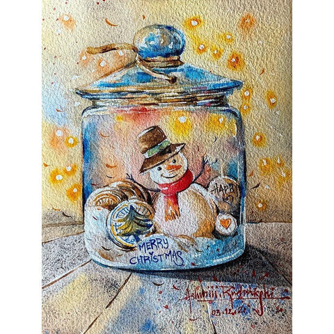 Snowman In Jar Black Modern Wood Framed Art Print by Rudraksi, Ashwini