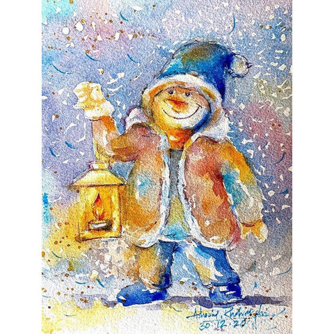 Snowman With Lantern Black Modern Wood Framed Art Print with Double Matting by Rudraksi, Ashwini