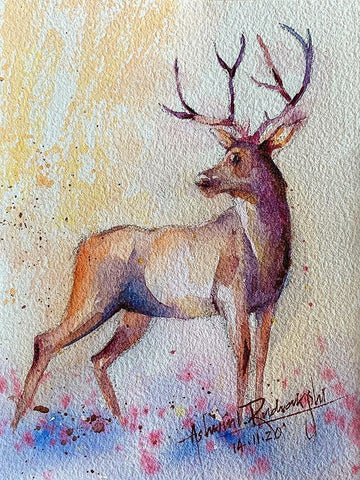 Reindeer White Modern Wood Framed Art Print with Double Matting by Rudraksi, Ashwini