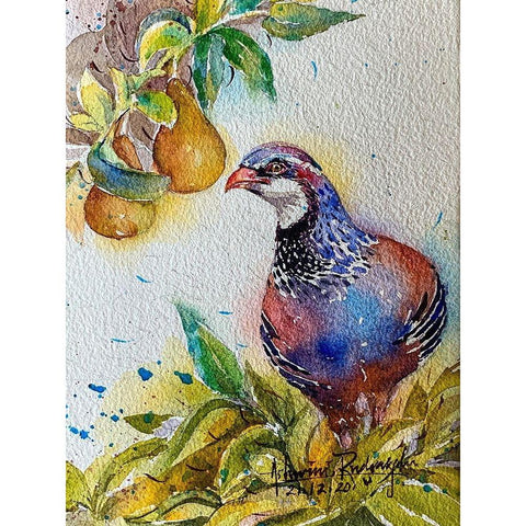 Partridge In Pear Tree Black Modern Wood Framed Art Print by Rudraksi, Ashwini