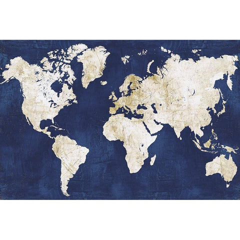 World Map NavyGold Gold Ornate Wood Framed Art Print with Double Matting by Vidal, Alicia