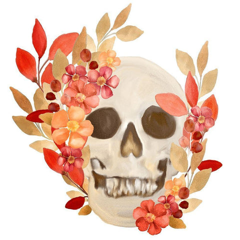 Fall Floral Skull Black Modern Wood Framed Art Print by Bailey, Ann