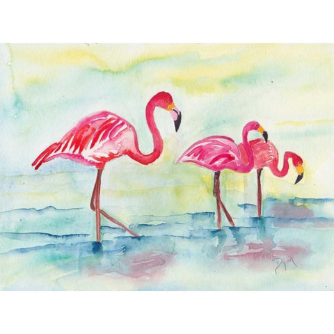 Sunset Flamingoes I Black Modern Wood Framed Art Print with Double Matting by Dyer, Beverly