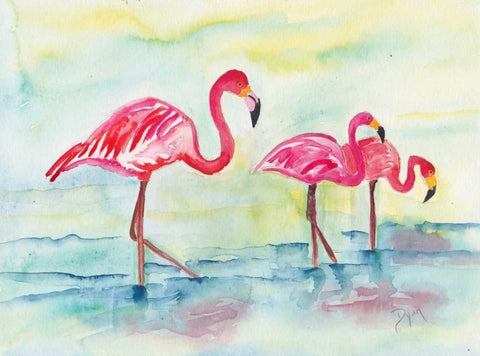 Sunset Flamingoes I White Modern Wood Framed Art Print with Double Matting by Dyer, Beverly