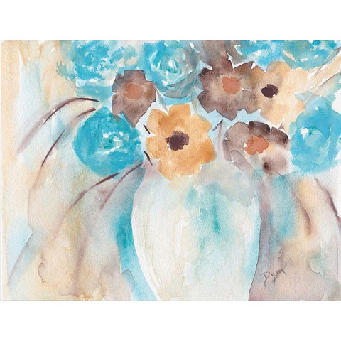 Teal Brown Garden Bouquet Gold Ornate Wood Framed Art Print with Double Matting by Dyer, Beverly