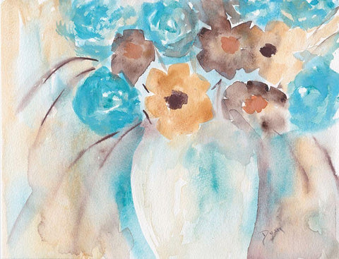 Teal Brown Garden Bouquet White Modern Wood Framed Art Print with Double Matting by Dyer, Beverly