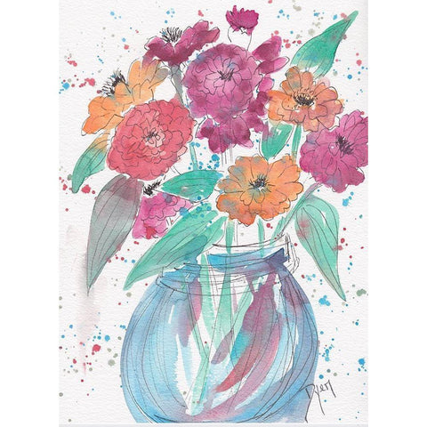 Zinnia Bouquet Gold Ornate Wood Framed Art Print with Double Matting by Dyer, Beverly