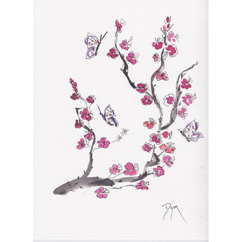 Plum Blossom with Butterflies Black Modern Wood Framed Art Print with Double Matting by Dyer, Beverly