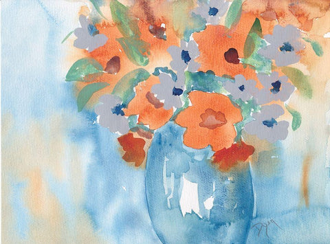 Orange Blue Bouquet Black Ornate Wood Framed Art Print with Double Matting by Dyer, Beverly