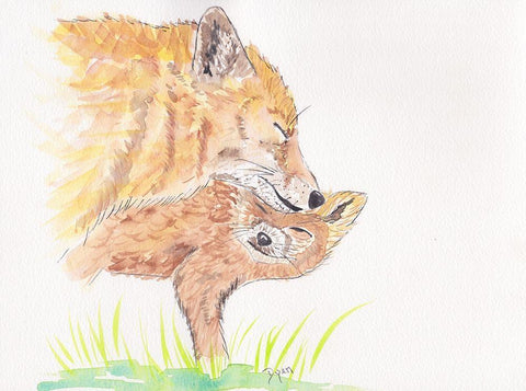 Golden Fox Love White Modern Wood Framed Art Print with Double Matting by Dyer, Beverly